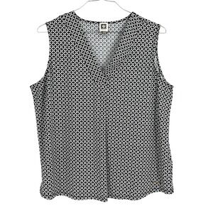 Anne Klein Womens Sleeveless Blouse Black White V-Neck Office Top XL